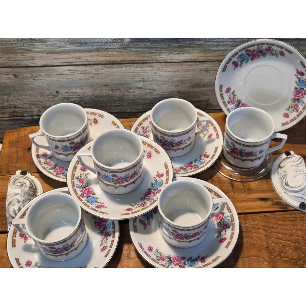 Vintage Floral Tea Cups and Saucers Set of 6‎ Porcelain Espresso Coffee Date